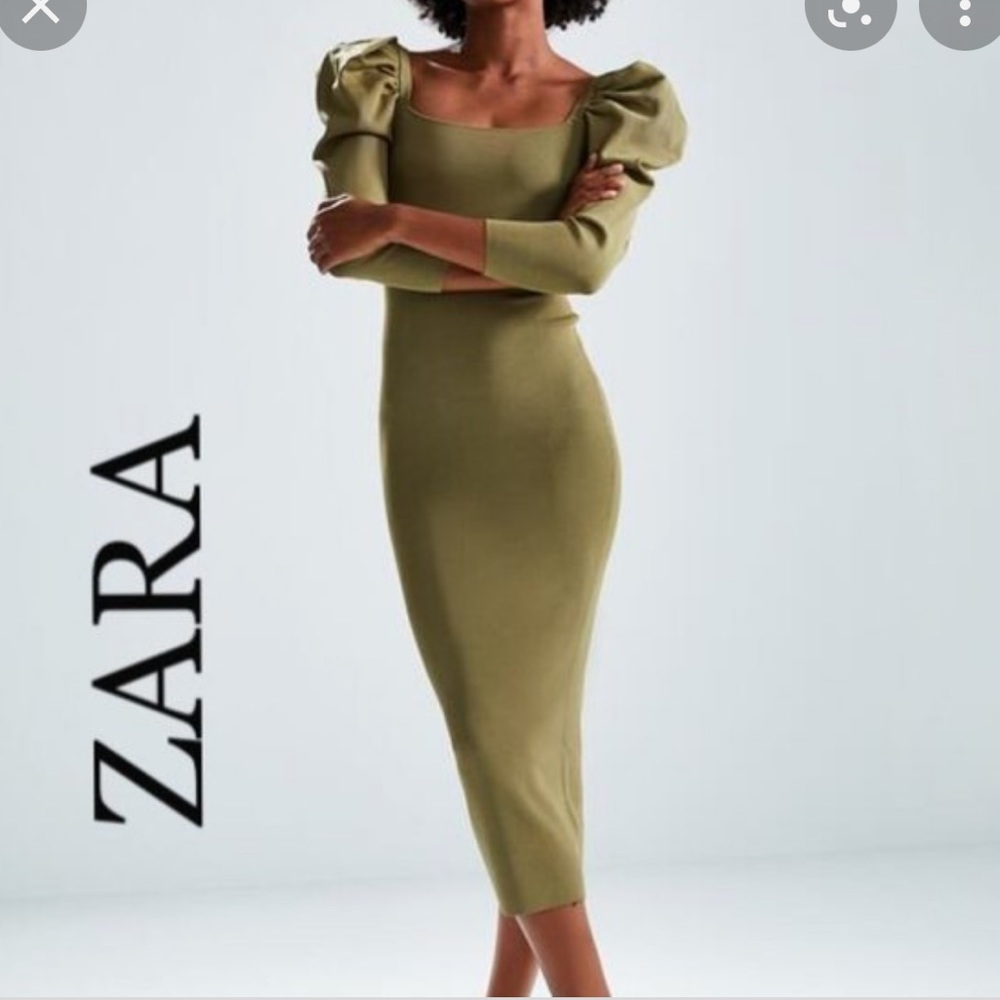 SOLD ON MERCARI-Zara Olive midi puff sleeve dress M